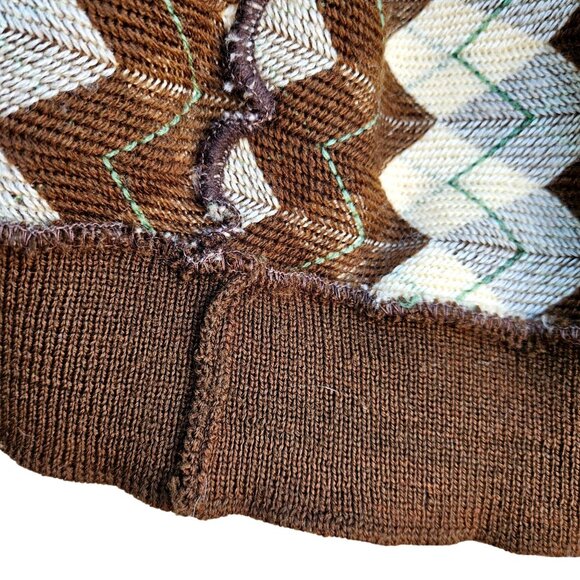 1970s Japan Knit Cardigan XS Argyle Brown Cream V-Neck Button Front - Picture 8 of 12